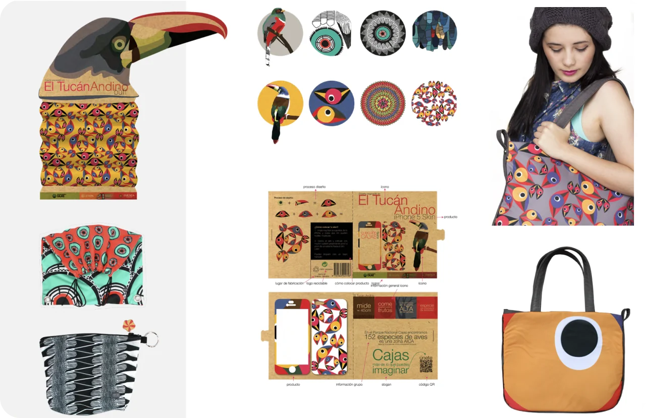 Souvenir line for Parque Nacional Cajas: bird patterns on bags, pouches, packaging and phone skins