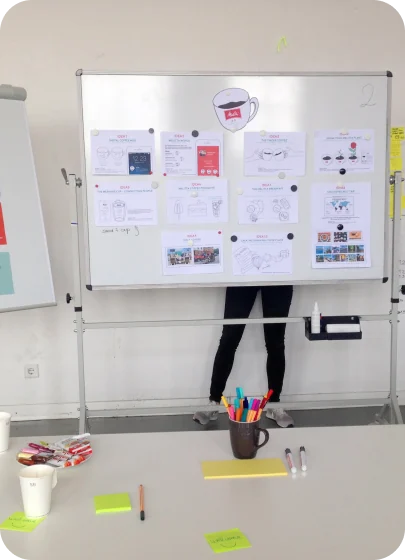 Whiteboard with concept sketches during Gaby’s Creative Direction studies in Pforzheim